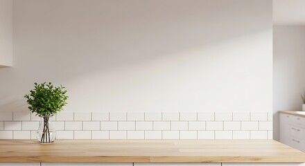3d rendering. Elegant Muted tones with copy space. Minimal cozy counter mockup design for product presentation background. Bright wood counter and white tile. glass vase plant pot. Kitchen interior