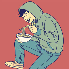 Young man in hoodie happily eating a bowl of noodles with chopsticks in a modern illustration