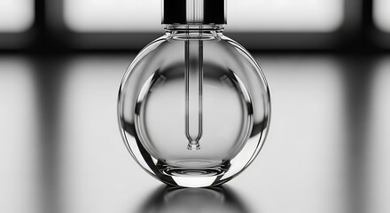 Luxury orbit shapes bottle mockup, empty labeled sphere shape dropper glass bottles, front view of round perfume packaging, pack shot 3d render of round liquid container mockup