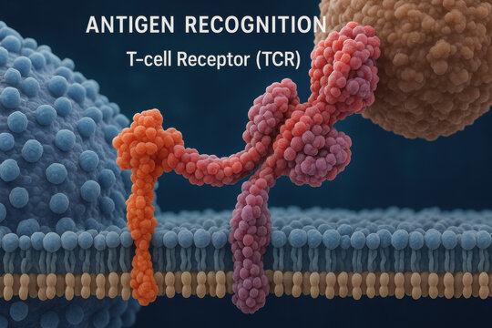 Detailed molecular illustration of T cell receptor antigen recognition on cell membrane. This medical art shows complex biology and immunology concept of immune system