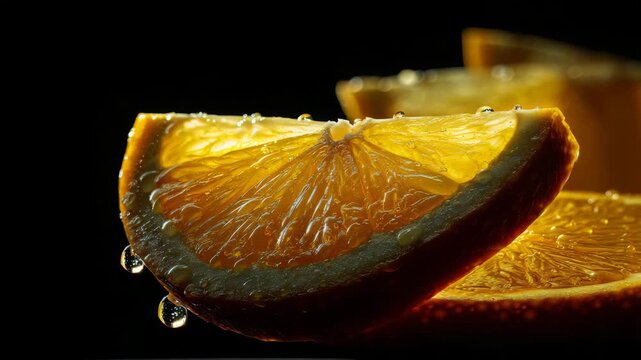 Fresh orange slice with dripping water macro