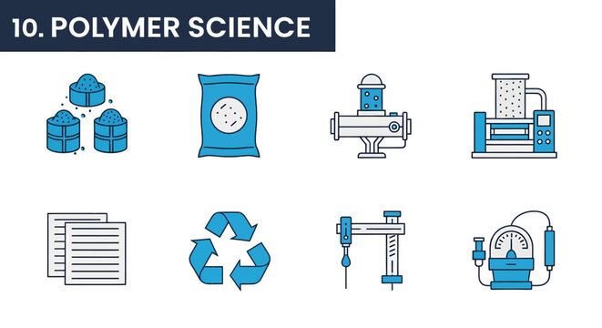 Ten blue and white icons illustrating concepts in polymer science laid out in two rows of five no background