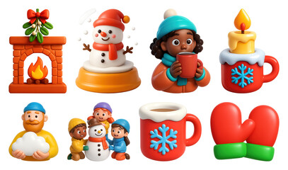 Fototapeta premium PNG Festive winter holiday 3D icons, element set on transparent background