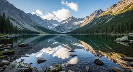 Mountain lake reflecting clouds and trees on a clear sunny day view