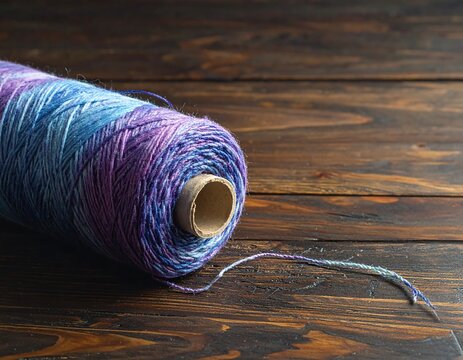 Colorful gradient yarn spool resting on a rustic dark wooden background texture