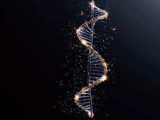 A detailed 3D rendering of a DNA double helix structure, illuminated with golden particles and a dark background.