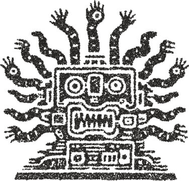 Ancient tribal robot god or totem with multiple snake-like arms, created in a complex stipple vector style inspired by Aztec mythology. A powerful sci-fi deity for fantasy themes.
