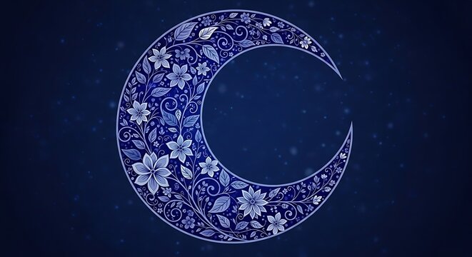 Decorative crescent moon illustration with floral pattern against a blue backdrop