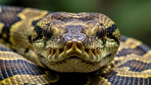 A captivating close-up showcases the intricate details of a large reptile, emphasizing its powerful head and mesmerizing eyes. The snake's coiled body reveals a stunning natural pattern of yellow, bla