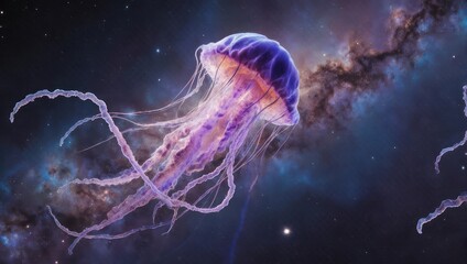 Naklejka premium Cosmic Jellyfish Floating Through Nebula in Deep Space.