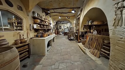 Exploring a captivating historical workshop showcasing vintage artifacts and unique pottery collections