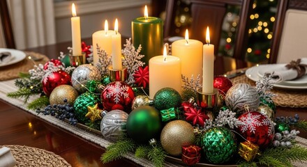 Festive christmas centerpiece with candles and colorful ornaments decor