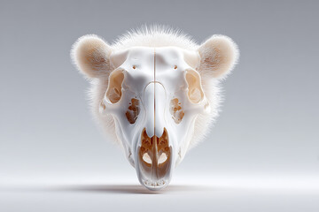 Mysterious rendered white bear skull with fur. Symmetrical front facing view of strange animal head on grey background