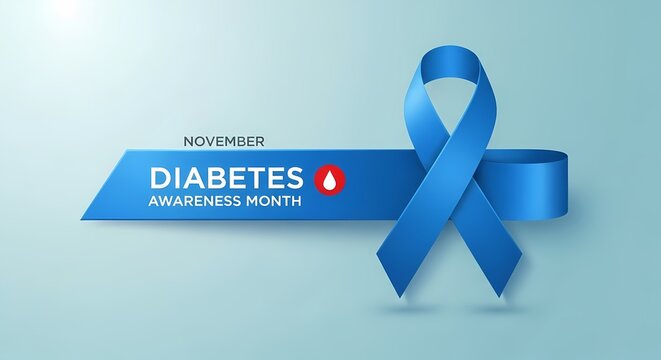 Blue ribbon for diabetes awareness month isolated on white background - Powered by Adobe