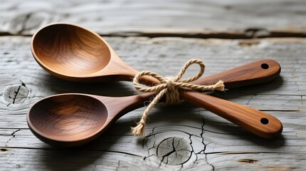 Two Rustic Wooden Spoons on Weathered Wood Background