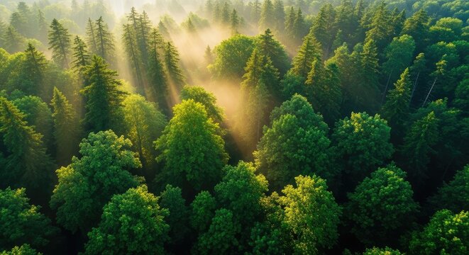 Aerial view of a dense forest with sunlight streaming through the trees - Powered by Adobe