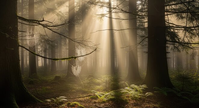 Sunlight shining through trees in a misty forest with spiderwebs seen - Powered by Adobe