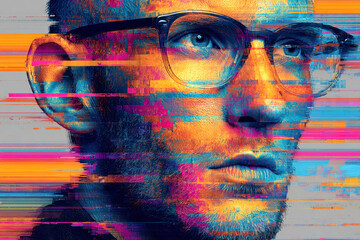 Portrait of a man wearing glasses with vibrant glitch effects and colorful digital distortions blending modern technology with human expression in cyber style