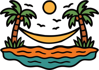 Tropical Island Hammock Illustration with Palm Trees and Sunset
