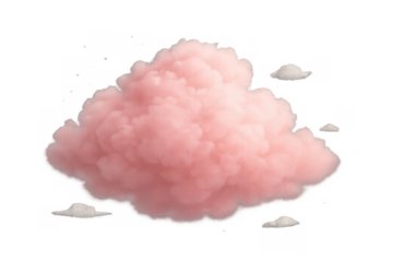 Pink fluffy cloud with smaller white clouds, soft pastel aesthetic, rendering on transparent background for creative design