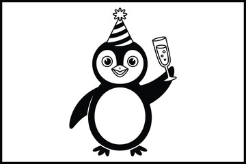 Happy cartoon penguin with party hat toasting celebration vector art isolated on white background, Vector