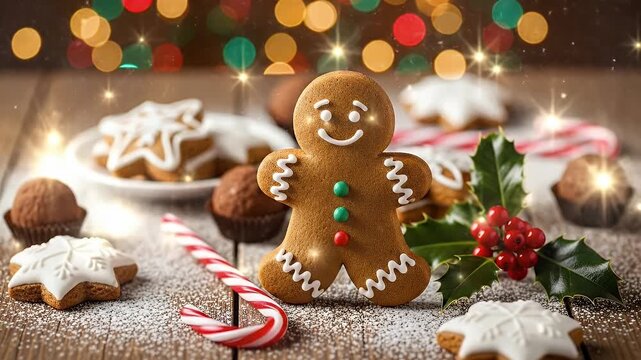 A cheerful gingerbread man, adorned with white icing and colorful buttons, stands proudly amidst a delightful array of holiday treats. Star-shaped cookies frosted with intricate patterns, a festive re
