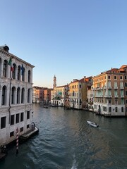 Venice, Italy - 09.11.25 : View from the Rialto Bridge. Boating on the canal.