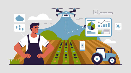 Fototapeta premium farmer using a drone to analyze a crop field with digital infographics, vector illustration for precision farming, data analysis, and smart agriculture technology