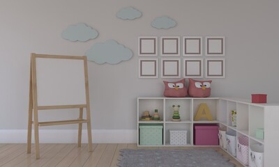 Adorable kids playroom with blank easel, owl pillows, and cozy rug ready for creative learning fun