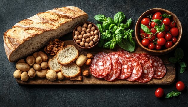 Gourmet appetizer with bread, basil, salami, tomatoes, and assorted nuts. Great for blogs or recipes related to party platters, snacks, and food.
