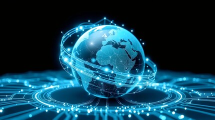 futuristic blue earth enveloped in orbiting data rings illustrating digital world networks, modern technology systems and global connectivity
