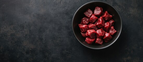 Fresh raw diced beef meat in a bowl on a dark background ready for cooking