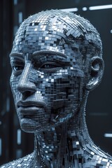 3D illustration  of an anonymous human head constructed entirely from interconnected Pixels  or fragmented data points. The head appears translucent or holographic set against a dark futuristic backgr