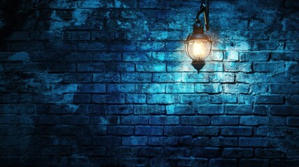 Vintage lantern glowing against a weathered brick wall at night