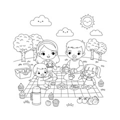 Family picnic outdoor coloring page vector illustration