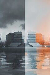 Conceptual artwork showing the same scene twice: one in low contrast gray tones symbolizing depression and one in slightly warmer colors split layout used to illustrate mood change clean minimal desig