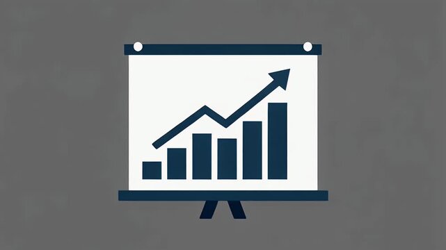 Animated bar chart graphic with upward arrow on a presentation screen for business growth
