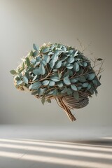 professional photo of a delicate illustration of a brain composed of intricately arranged leaves and slender branches embodying a minimal eco-wellness theme featuring soft earthy textures set against