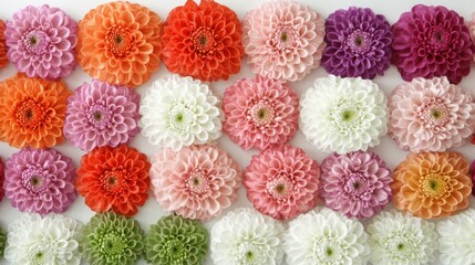 Artistic display of vibrant dahlias in a variety of colors arranged precisely