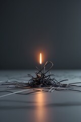 professional photo of a small glowing spark rising from a messy scribble cluster against a simple dark background symbolizing hope emerging from confusion in a minimalist conceptual art style with the