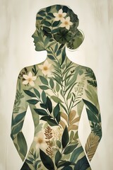 professional photo of a stylized silhouette filled with intricate botanical illustrations of leaves and flowers symbolizing nature-based healing with a clean and natural color palette featuring shades
