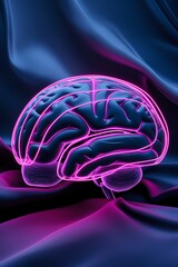 professional photo of Fluo noir aesthetic of a brain outlined by vibrant neon pink lines on a rich deep indigo background with subtle gradient effects symbolizing overthinking with a mesmerizing style