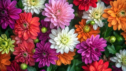 Vibrant dahlias cascading with multicolored petals creates a stunning floral symphony
