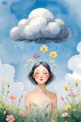 professional photograph of a delicate watercolor illustration of a small storm cloud with soft gray tones and white puffy edges floating gently above a serene figure with a calm expression and warm sk