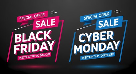 Black friday and cyber monday sale banner design with special offer tag