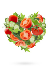 Organic vegetables as heart shape. Salad ingredients - bright raw fresh tomatoes, leafy greens, cucumbers fly as heart on white background, isolated. Ideal for healthy eating, diet menu, design.