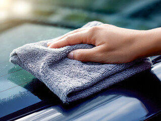 A hand meticulously wiping and polishing a car's rear window with a soft microfiber cloth under natural sunlight for effective cleaning and detailing