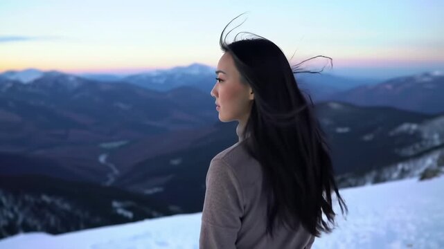 A woman in a turtleneck gazes toward a distant mountain range at sunset, hair blowing in the wind. The landscape has snow