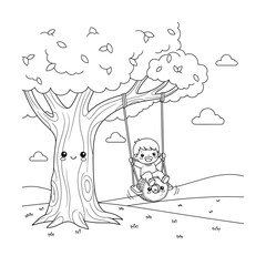 Child swinging from whimsical tree coloring page vector illustration