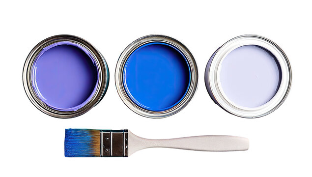 Three cans of blue paint with a brush